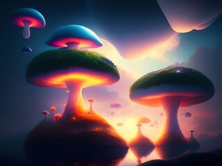 Landscape of Mushroom Islands on Misty Ocean with Cloudy Sky Illustration