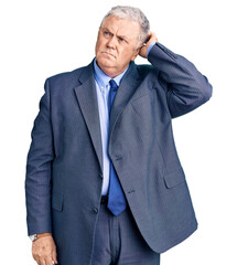 Senior grey-haired man wearing business jacket confuse and wondering about question. uncertain with...