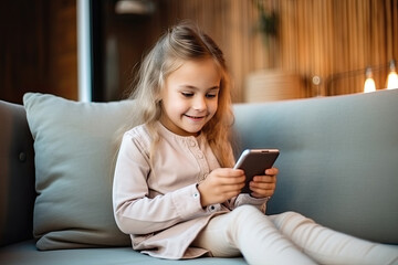 Smiling young girl using smartphone on couch with cozy home background.