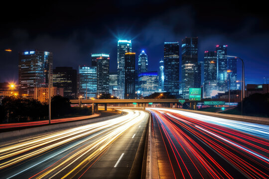 Night cityscape with light trails on highway leading to illuminated skyscrapers.