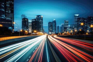 Long exposure of city traffic at night with light trails on highway and modern skyline in the background.