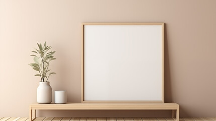 Empty white frame on beige wall, minimalist design