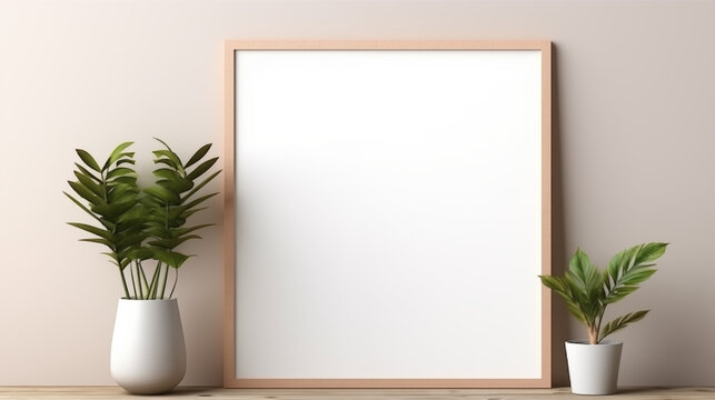 Empty white frame on beige wall, minimalist design