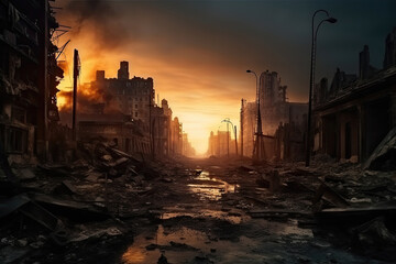 Apocalyptic cityscape at sunset with destroyed buildings and fiery sky.