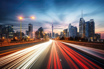 City skyline at dusk with light trails from traffic on highway, showcasing urban speed and energy.