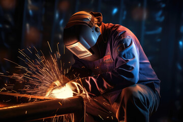 Welder at work with sparks flying, wearing protective gear in a dark industrial setting. - Powered by Adobe