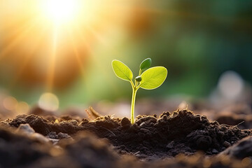 Young plant sprouting from soil with sunrise in the background, symbolizing growth and new beginnings.