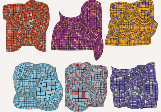 Set of Colored Geometric 3D computer modeled wire frame futuristic objects