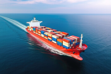 Aerial view of a cargo ship at sea, loaded with colorful containers, symbolizing global trade and transportation.