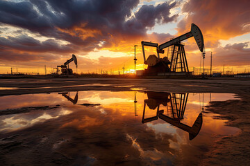 Oil pump jacks at sunset with vivid sky reflections in water. Energy industry concept.