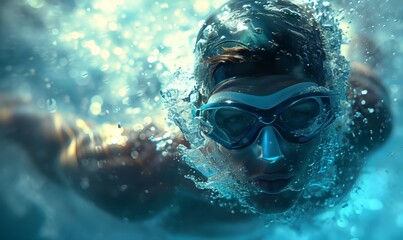 Fototapeta premium Smart Sport Visualization Aerial View of a Determined Swimmer's Training Session, Enhanced by AI-Generated Visuals for Optimal Impact