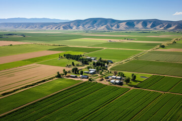 Aerial view of a lush green farmland with fields, trees, and a cluster of buildings, surrounded by rolling hills.