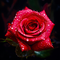 close view of a vibrant rose cherry red color, petals glistening with dew drops