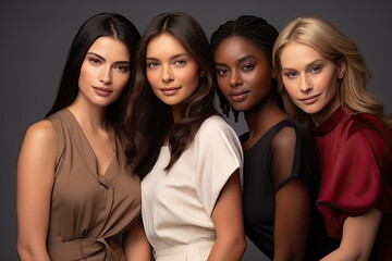 Obraz premium Four diverse women posing together, showcasing multiethnic beauty and unity.