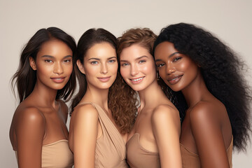 Diverse group of women with radiant skin posing together on a beige background, showcasing beauty and unity. - obrazy, fototapety, plakaty