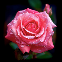 close view of a vibrant pink rose, petals glistening with dew drops