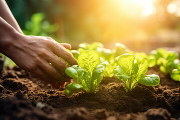Hand tending to young lettuce plants in fertile soil with sunlight flaring in the background. - Powered by Adobe