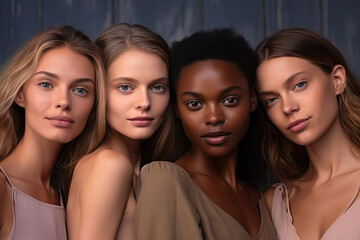 Obraz premium Four diverse women with natural makeup posing together, showcasing beauty and friendship.