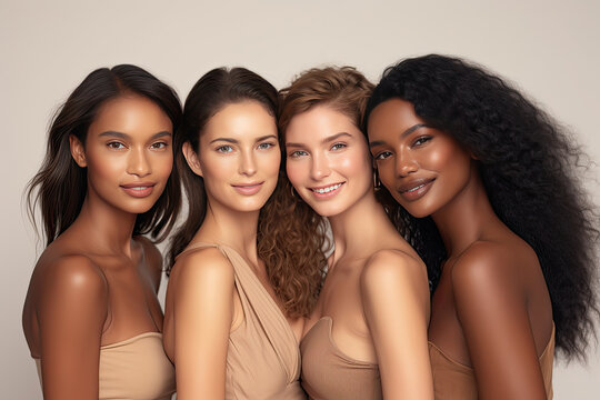 Diverse group of women with radiant skin posing together on a beige background, showcasing beauty and unity.