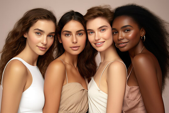 Four diverse women with natural makeup posing together, showcasing beauty and friendship.