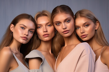 Obraz premium Three young female models with natural makeup posing together, showcasing beauty and elegance.