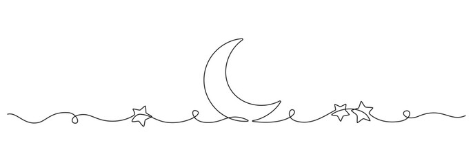 One continuous line drawing of Moon with stars. Ramadan Kareem banner in simple linear style. Sleep symbol with crescent in Editable stroke. Doodle vector illustration © Olga Rai