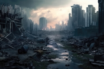 Apocalyptic cityscape with destroyed buildings and debris under a stormy sky.