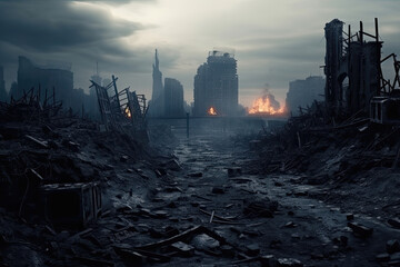 Post-apocalyptic cityscape with ruins and fires under a gloomy sky.