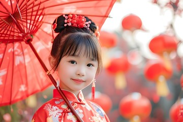 Little Girl Celebrating Chinese New Year in Traditional Festive Chinese Attire