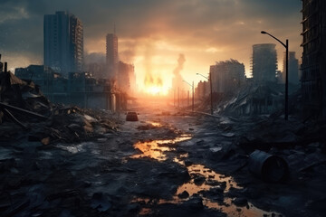 Apocalyptic cityscape at sunset with ruins and dramatic sky.