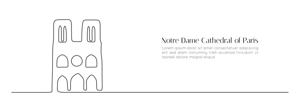 Continuous one line drawing of Notre Dame Cathedral of Paris. Famous historic church in simple linear style. French landmark in editable stroke. Doodle outline vector illustration