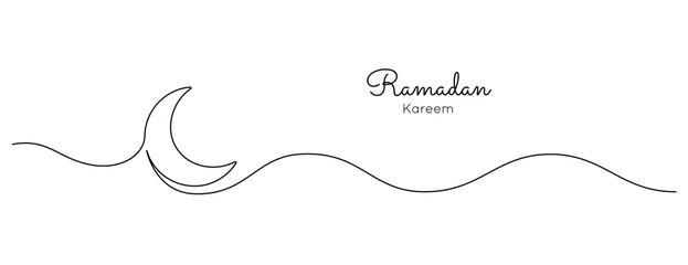 One continuous line drawing of Moon. Ramadan Kareem banner in simple linear style. Sleep symbol with crescent in Editable stroke. Doodle vector illustration