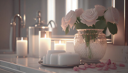 Elegant white bathroom interior with modern bokeh vessel sink, rose and candles and towel. Romantic Atmosphere, Burning Scented Candles and rose, Ai generated image