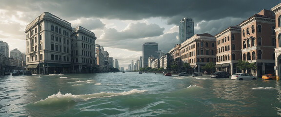 The impact of Climate Change and Global Warming. A crumbling dystopian city which is flooded due to Rising Sea Levels.
