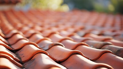 Closeup of a traditional clay roof tile, adding rustic charm to a modern building. - obrazy, fototapety, plakaty