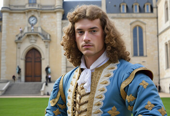 Retro-styled man with long curly hair wearing clothing from the 17th century resembling Louis XIV, with a Renaissance castle in the background - obrazy, fototapety, plakaty