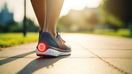 Closeup of a patients foot, with a fitness tracker attached to their shoe to track steps and mileage. - obrazy, fototapety, plakaty