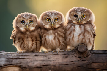 three baby owlets on a branch