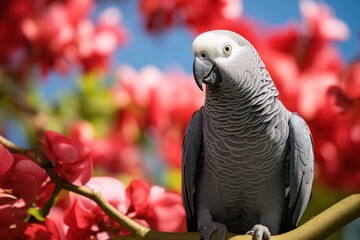 Obraz premium grey parrot surrounded by pink blossoms 