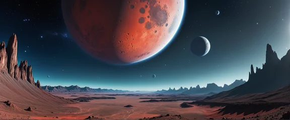 Foto op Plexiglas Space galaxy vector planet cartoon background. Fantasy cosmos universe illustration with moon crater and abstract satellite texture. Red asteroid land at night to travel with solar mission concept © SR07XC3