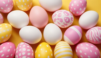 Obraz premium Pattern of pink and white Easter eggs on a yellow background