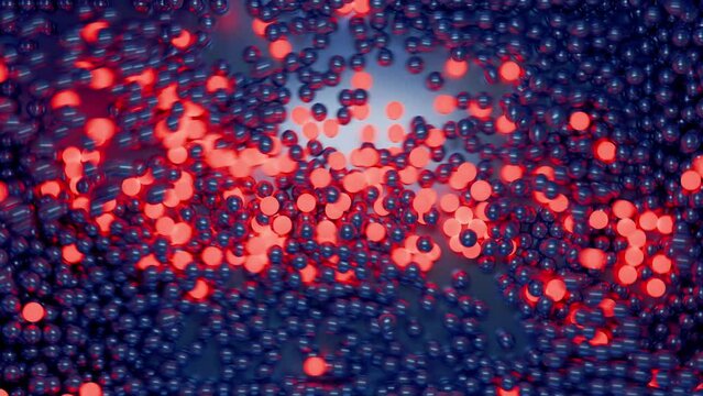 Falling balls form a word PFAS - Abstract 3D simulation. Blue background red shining red letters.