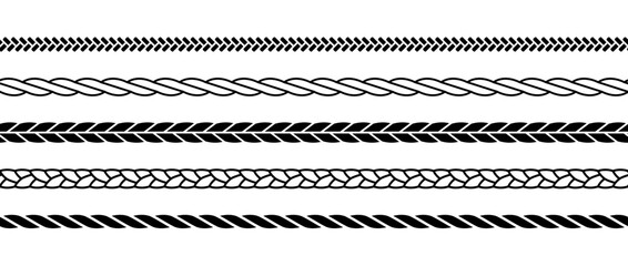 Repeating ropes set. Seamless hemp cord lines collection. Black outline chain, braid, plait stripes bundle. Horizontal decorative plait pattern. Vector twine design elements for banner, poster, frame - obrazy, fototapety, plakaty