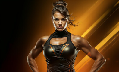 Fototapeta na wymiar A fit woman with muscular arms, wearing a black top, standing with her hands on her hips. She is facing the camera with an orange and black background.