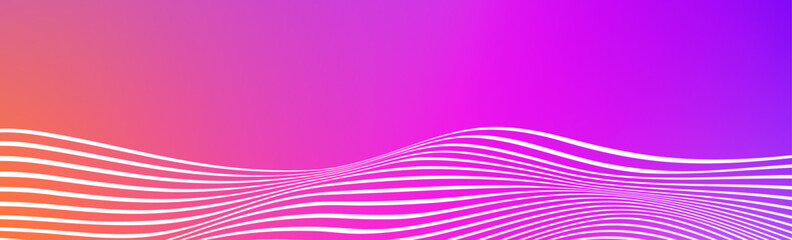 Abstract white wave lines on pink purple gradient background. Wide banner with curve liquid stripes. Wavy border wallpaper for footer, poster, brochure, website, cover, header, flyer. Footer vector - obrazy, fototapety, plakaty