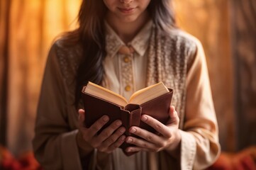 Fototapeta na wymiar A woman with a light brown shirt holding a Bible book in front of her with both hands.