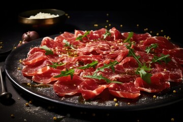 Black plate beef carpaccio with greens, elegant food presentation