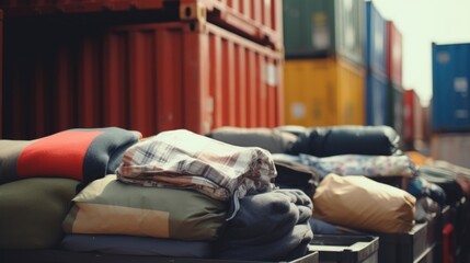 Closeup of a shipping container being unloaded, revealing stacks of clothing and other supplies collected for humanitarian relief efforts. - obrazy, fototapety, plakaty