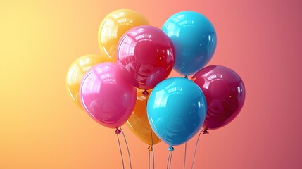 Bunch of colorful balloons on a blue background. Greeting card. Copy space