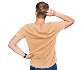 Young caucasian man wearing casual clothes backwards thinking about doubt with hand on head